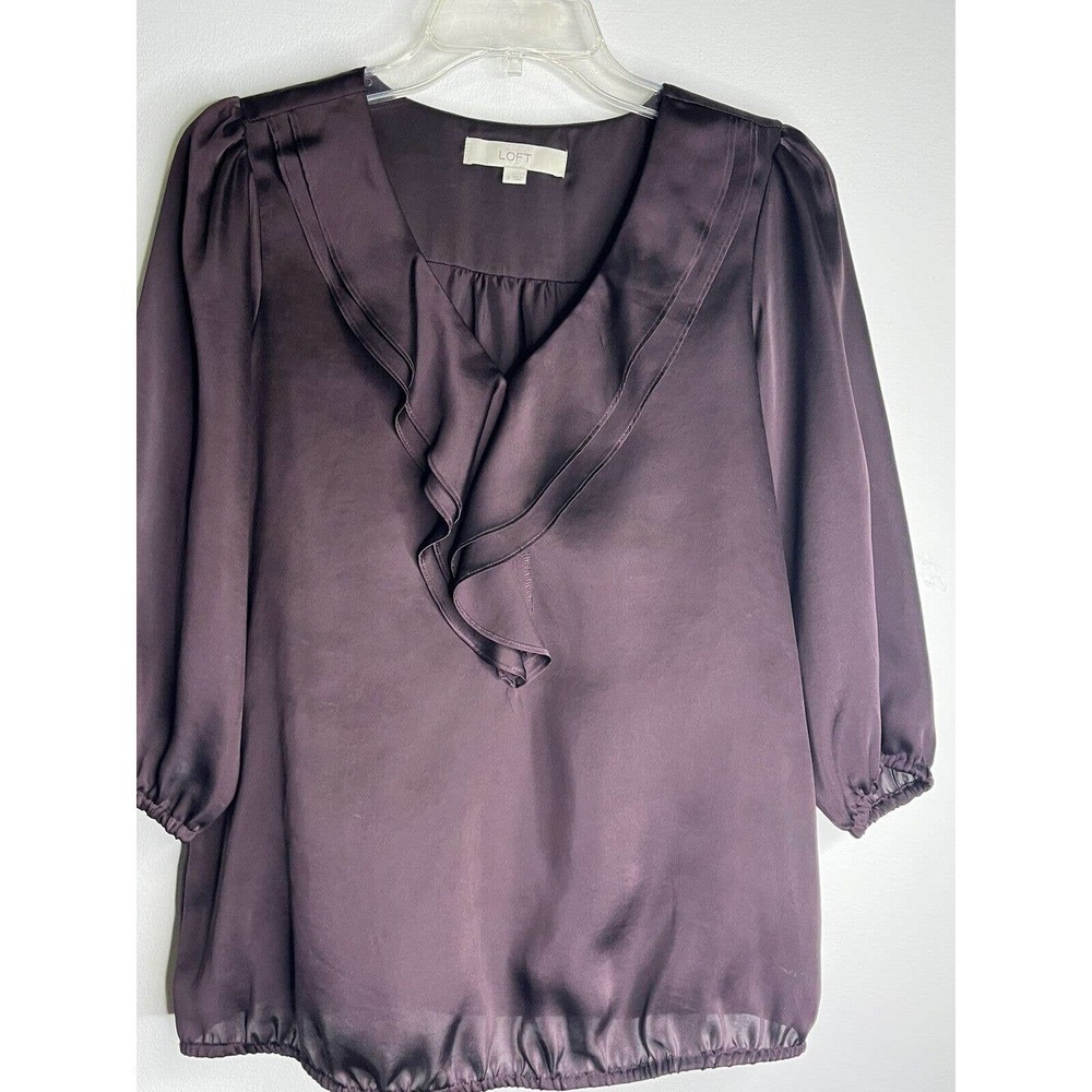 ANN Taylor LOFT Size Small Purple Blouse VNeck Ruffle Front Long Sleeves